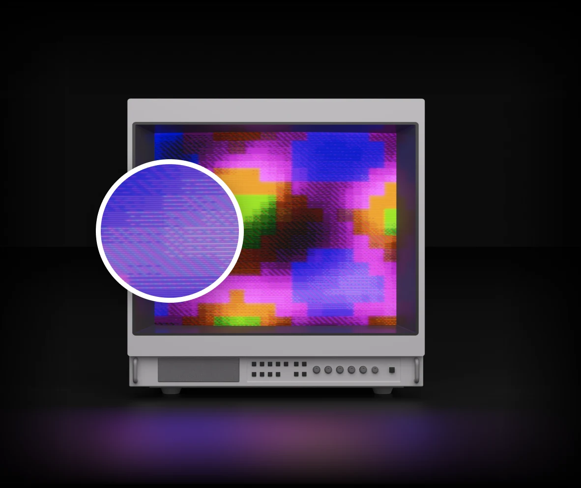 Close-up of a CRT screen with a magnified view of its phosphor pattern