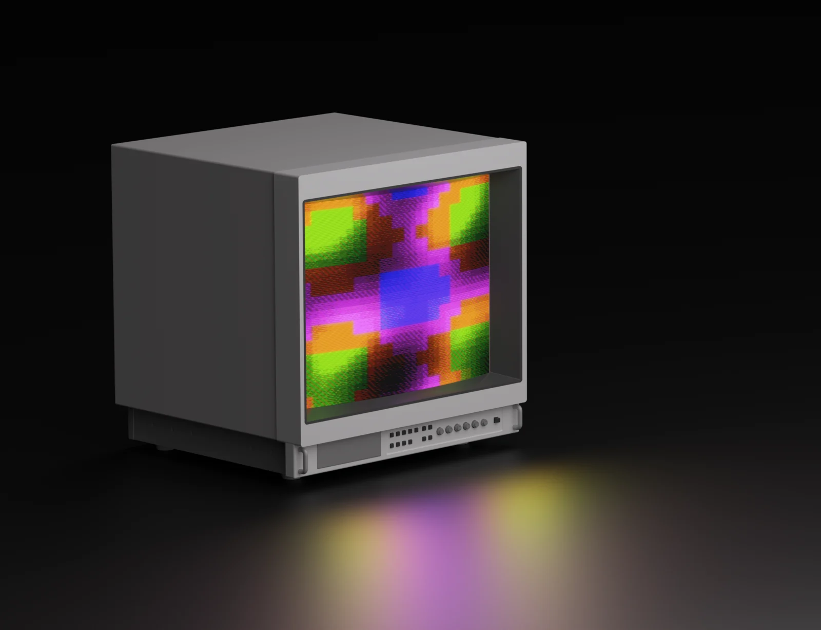 A gray CRT monitor displaying a colorful pixelated screen