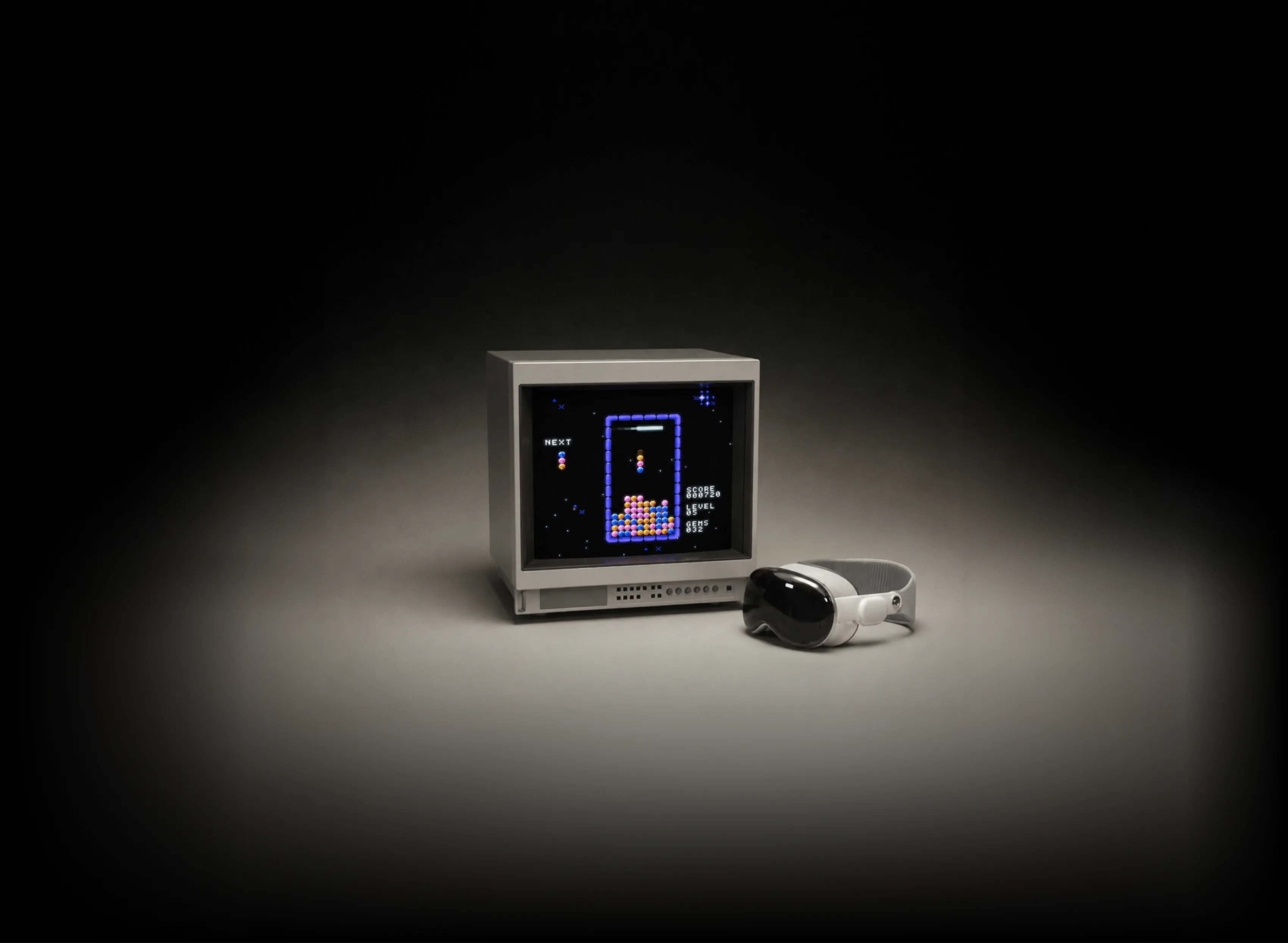 A CRT television playing a retro game beside an Apple Vision Pro headset
